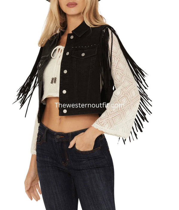 Black Women's Studded Fringe Vest