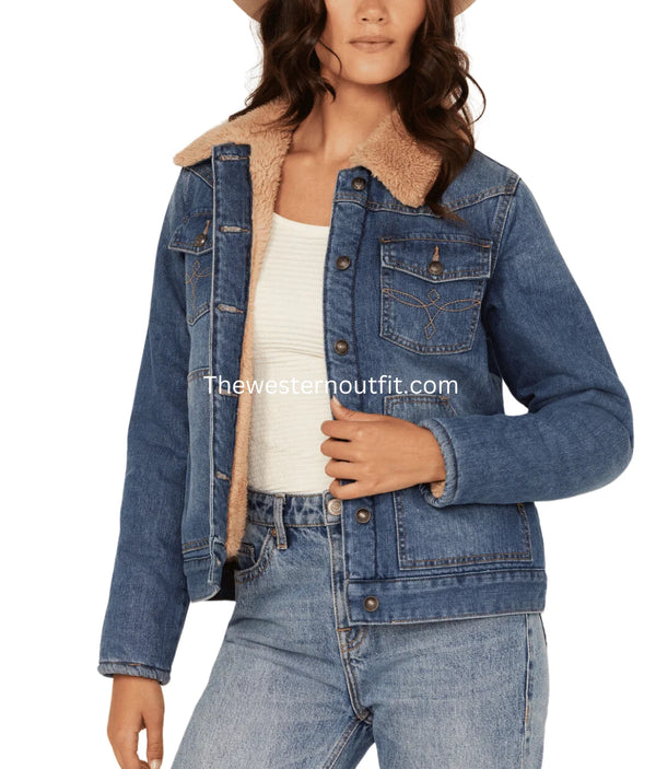 Women's Dark Wash Sherpa Lined Blue Denim Jacket