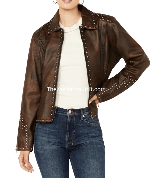 Women’s Concho Back Dark Brown Leather Jacket Cripple Creek
