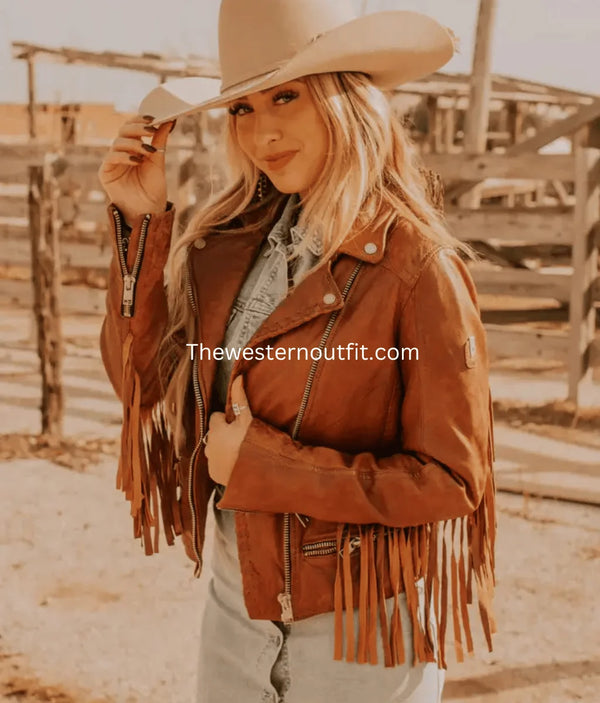 Women’s Fringe Leather Jacket Burnt Orange