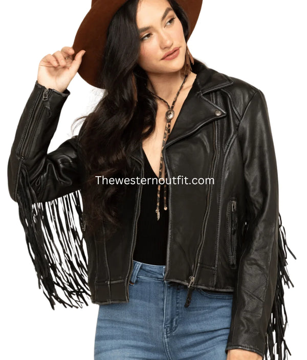 Women Alison Black Fringe Leather Jacket