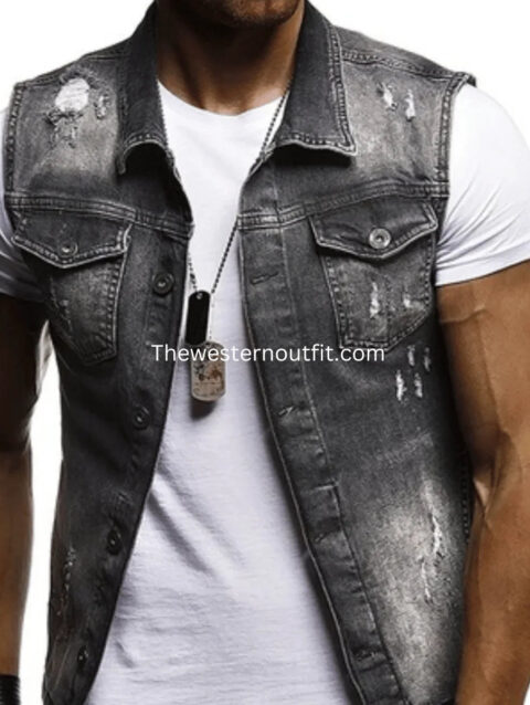 Sleeveless Ripped Black Denim Vest For Men