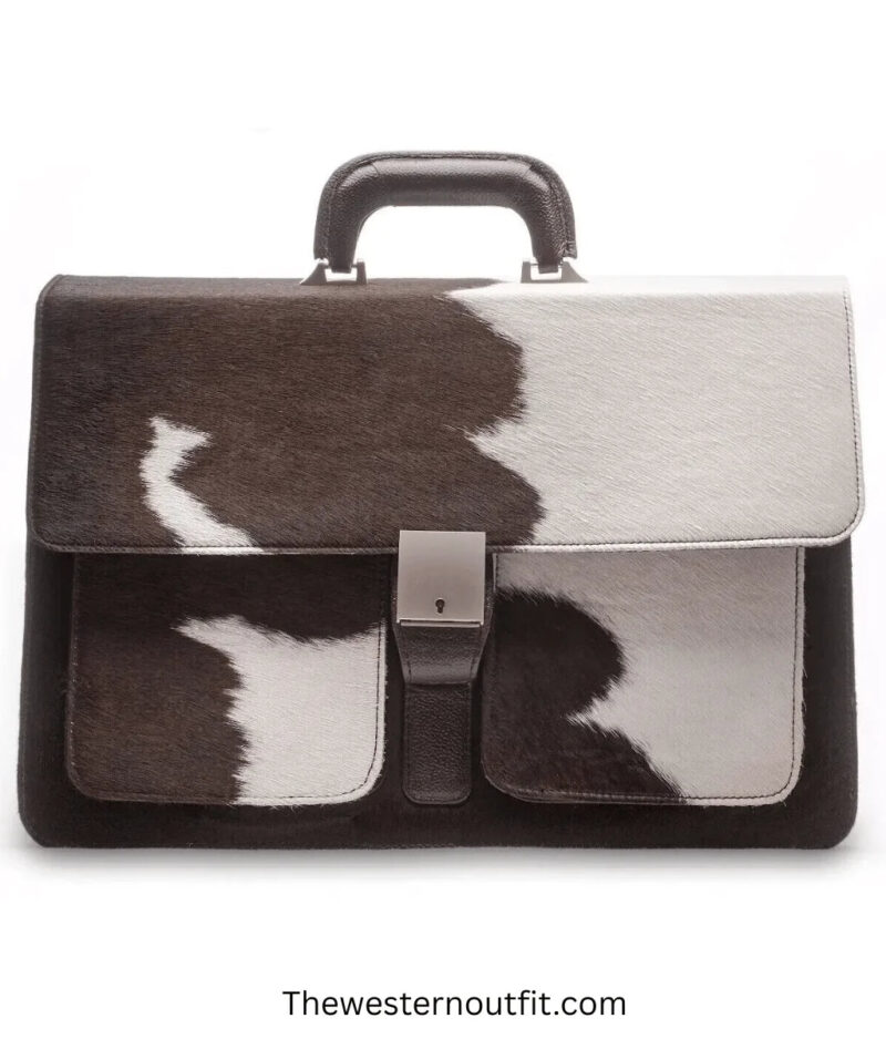 Cowhide Hair On Handcrafted Brown And White Leather Briefcase Bag