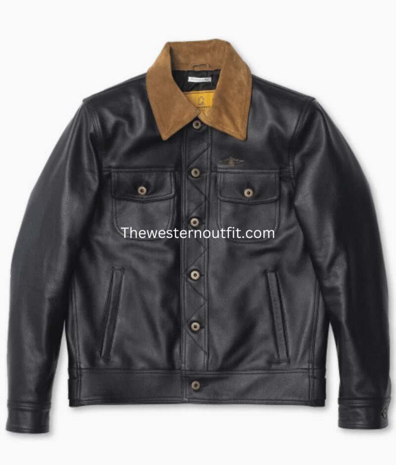Gold Bison Black Leather Trucker Jacket for Men - Image 3