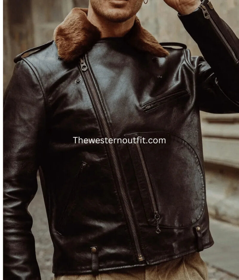 Men’s Black Biker Leather Jacket – with Fur Collar - Image 2