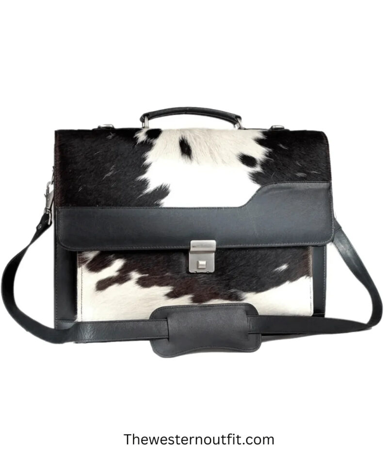 Briefcase With Adjustable Strap Black And White Cowhide Leather Bag