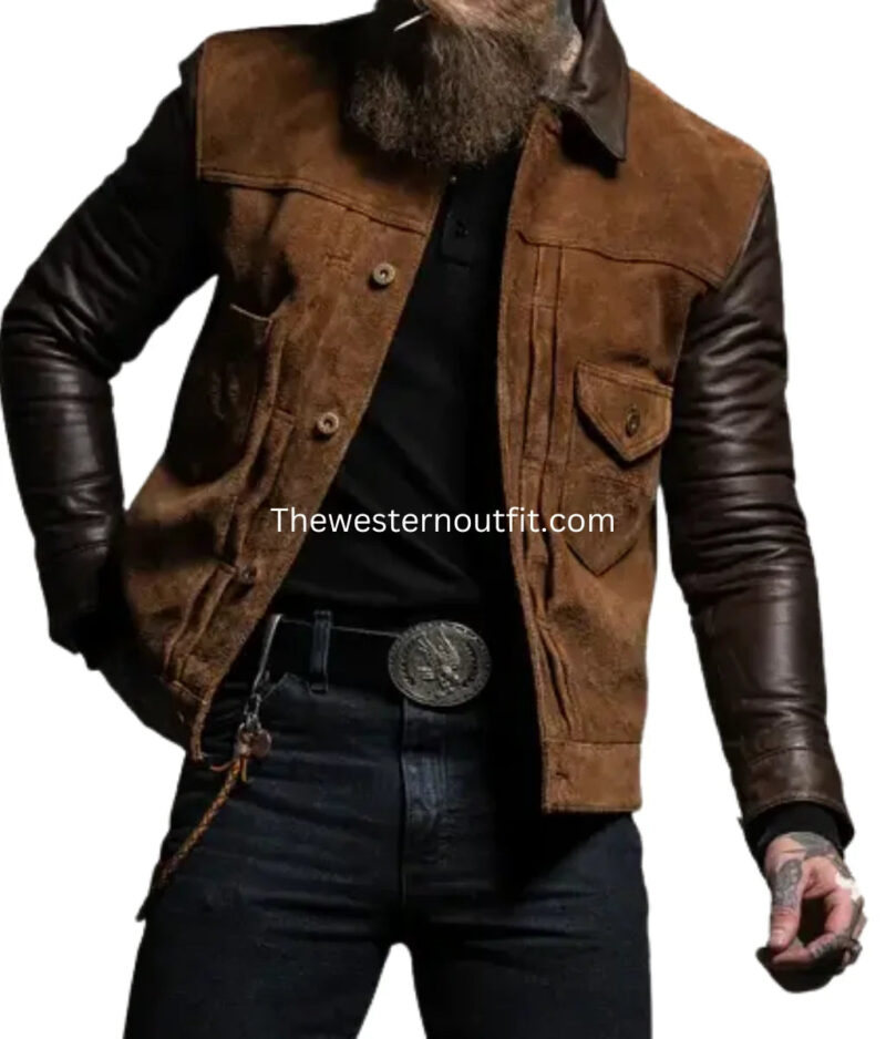 Oatman Style Men’s Brown Suede Leather Trucker Jacket
