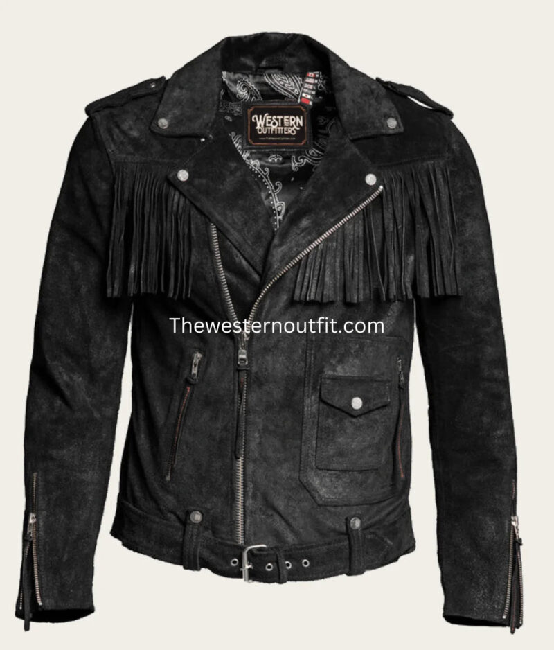 Men’s Black Fringe Suede Leather Jacket – Western Edition - Image 2