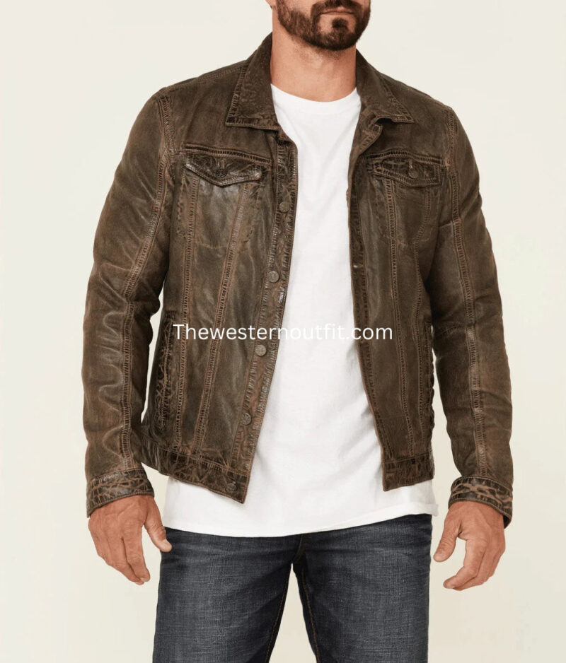 Distressed Look Men’s Geoff Zip-Front Leather Trucker Jacket