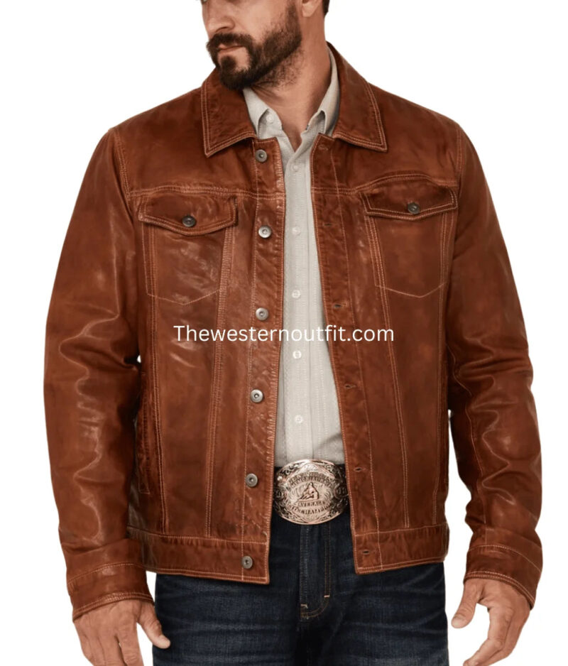 Men's Recon Tan Leather Trucker Jacket