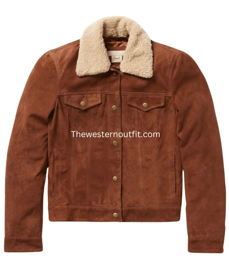 Womens Shearling Collar Trucker Suede Jacket - Image 2