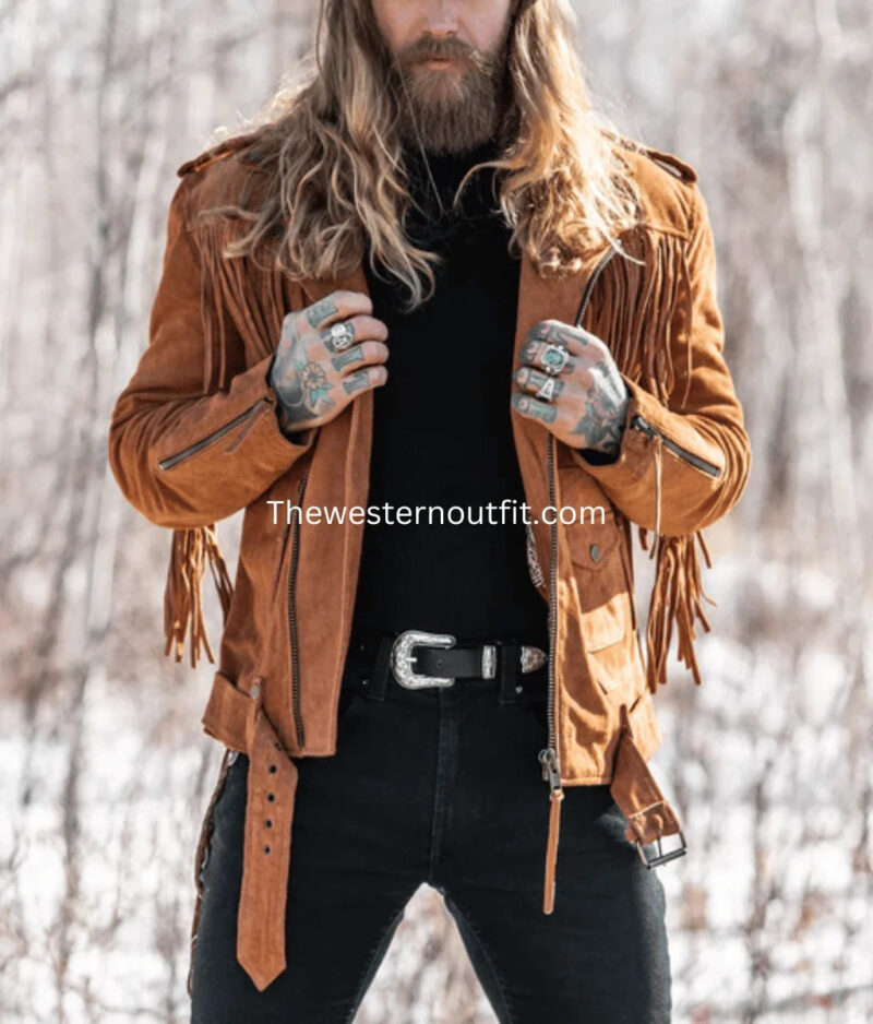 Mens Brown Fringes Suede Leather Cowboy Jacket