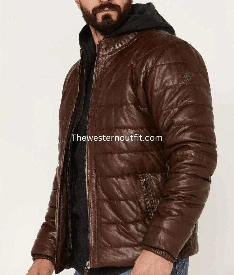 Leather Puffer Jacket Men Stylish Warm - Image 2