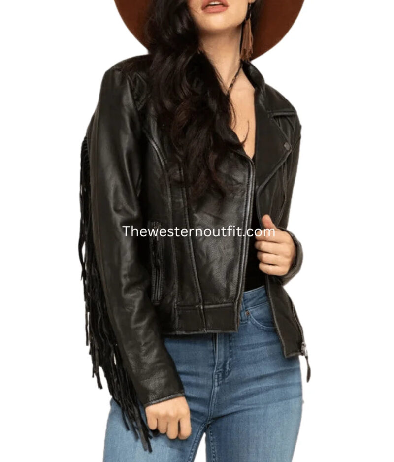 Women Alison Black Fringe Leather Jacket - Image 2