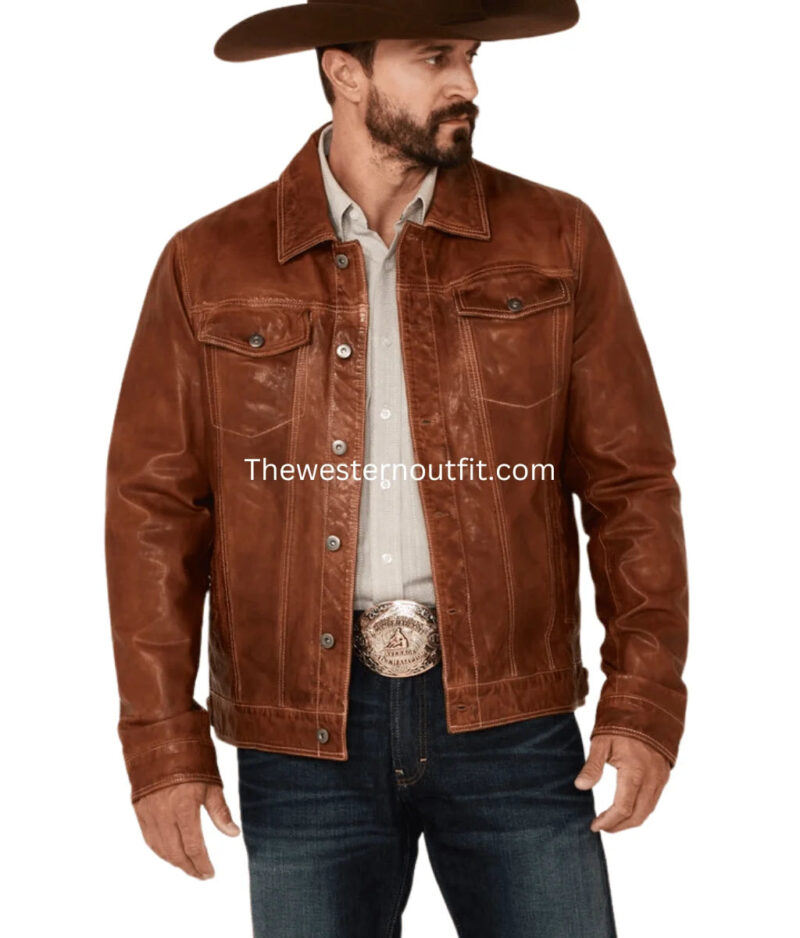Men's Recon Tan Leather Trucker Jacket - Image 2