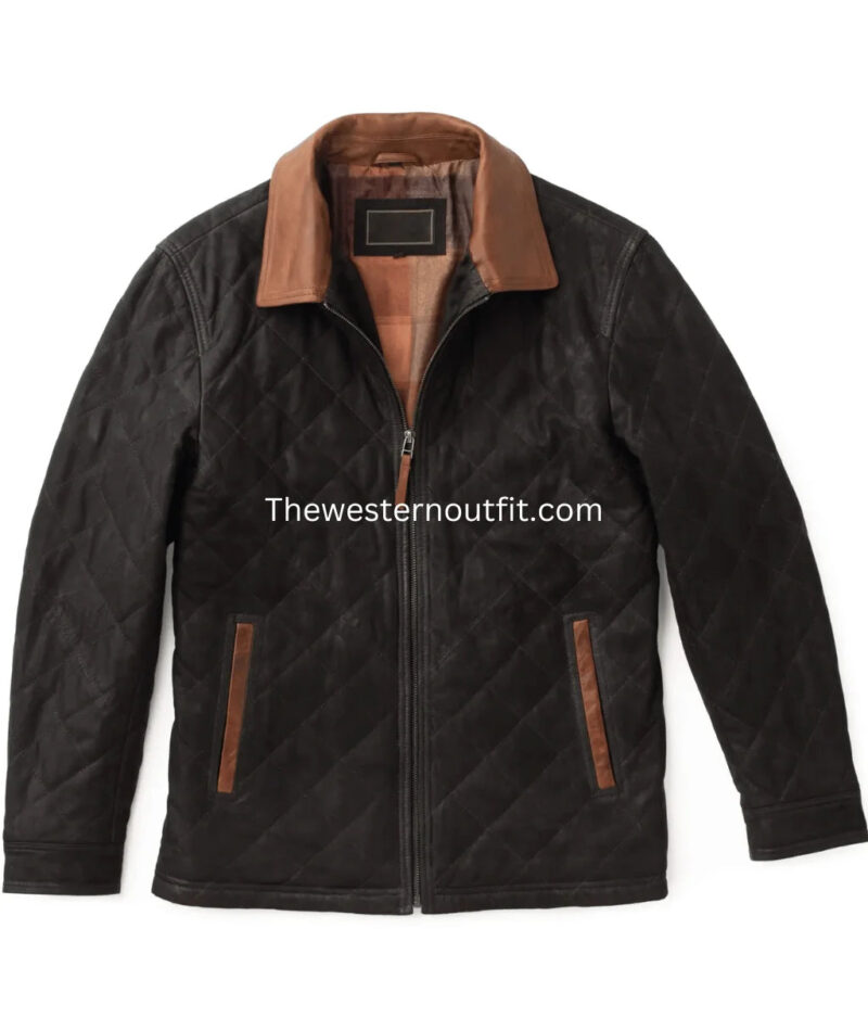 Men’s Hickory Quilted Dark Brown Waxed Suede Leather Jacket - Image 2