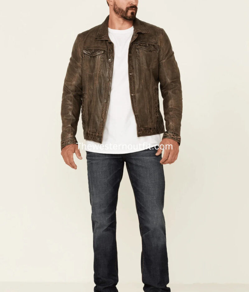 Distressed Look Men’s Geoff Zip-Front Leather Trucker Jacket - Image 2