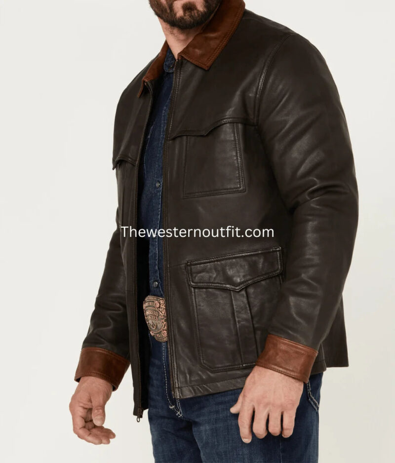 Men’s Black & Brown Leather Jacket – Fringe Detail - Image 2