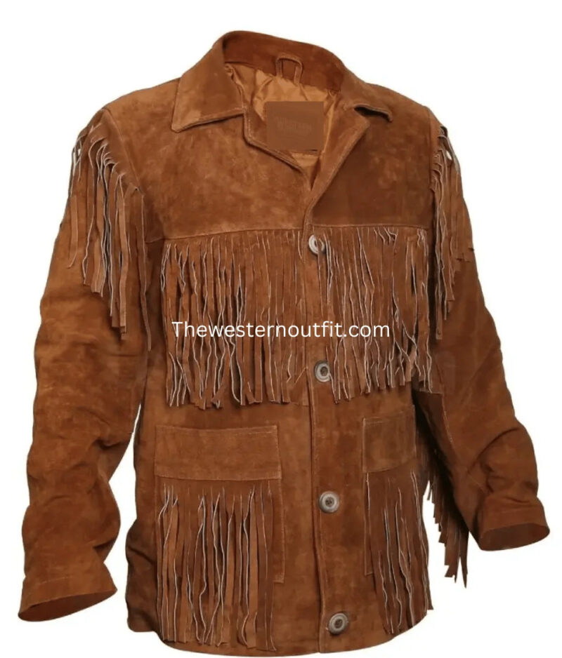 Stylish Tawny Suede Leather Jacket With Fringe - Image 2