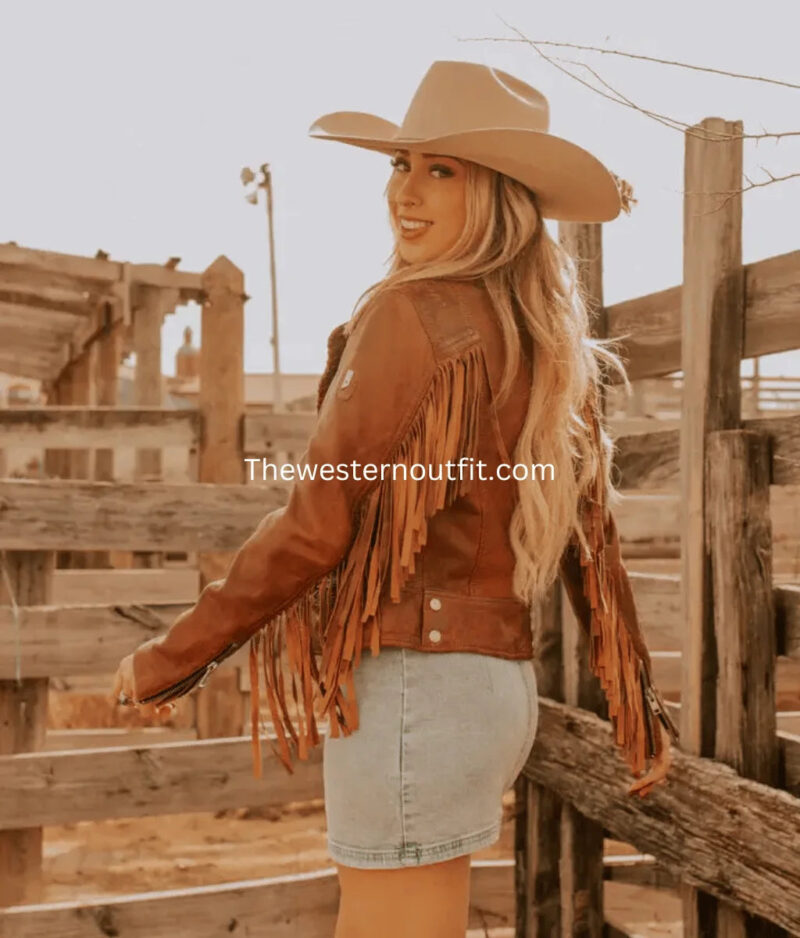 Women’s Fringe Leather Jacket Burnt Orange - Image 2
