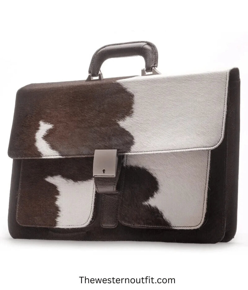 Cowhide Hair On Handcrafted Brown And White Leather Briefcase Bag - Image 2