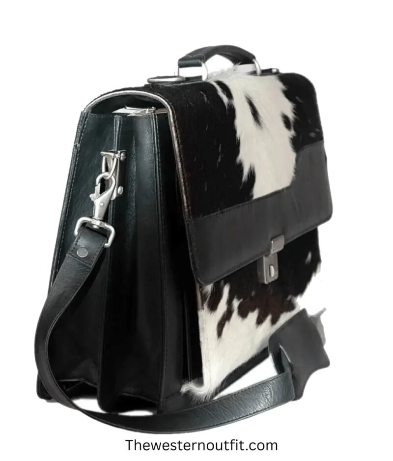 Briefcase With Adjustable Strap Black And White Cowhide Leather Bag - Image 2