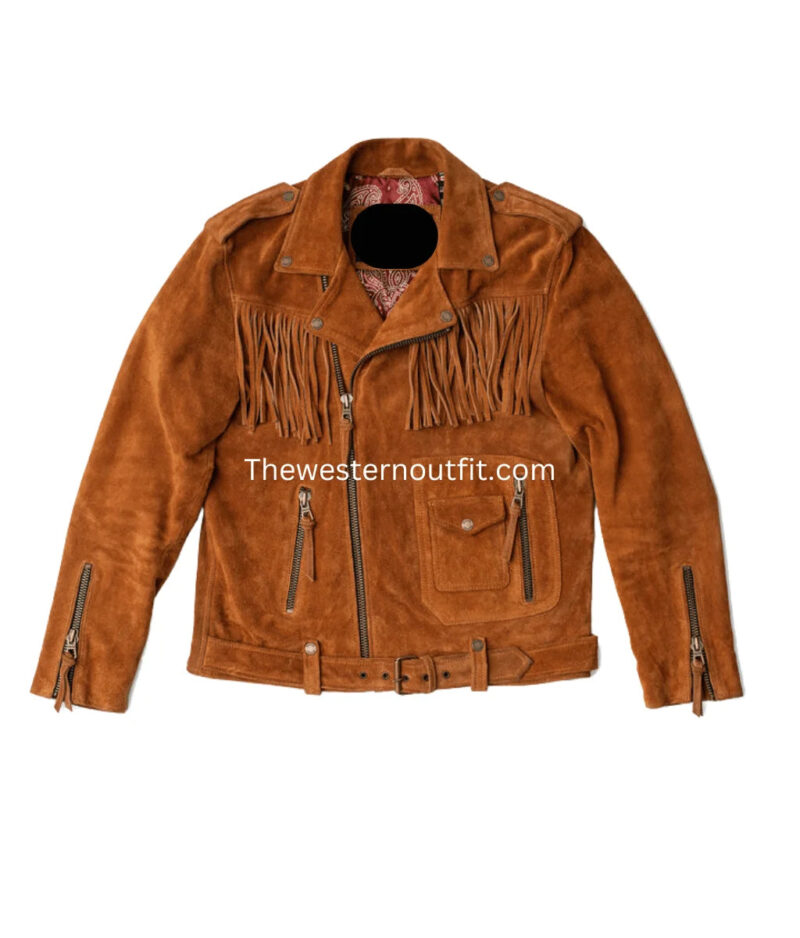 Mens Brown Fringes Suede Leather Cowboy Jacket - Image 3