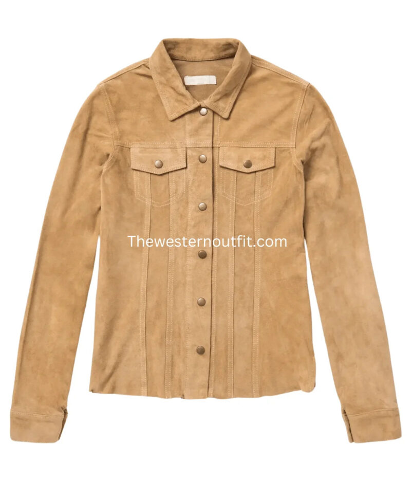 Womens Brown Suede Leather Shirt Jacket - Image 2