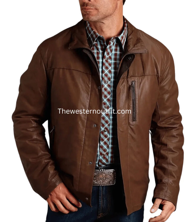 Western Cowboy Style Leather Jacket in Brown for Men - Image 3
