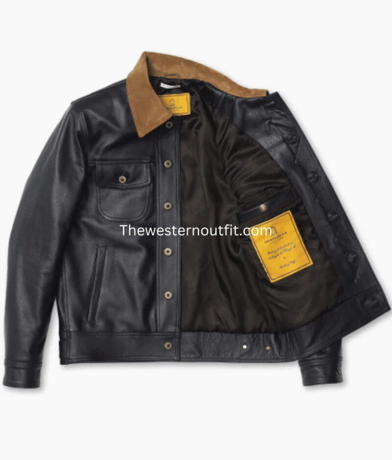 Gold Bison Black Leather Trucker Jacket for Men - Image 4