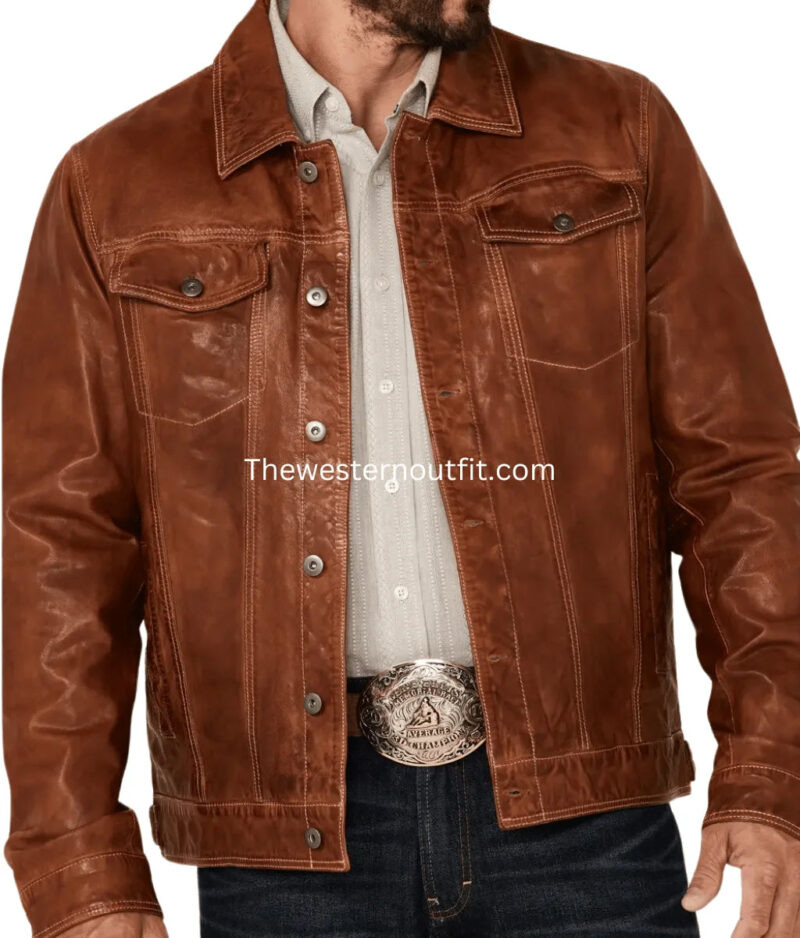 Men's Recon Tan Leather Trucker Jacket - Image 3