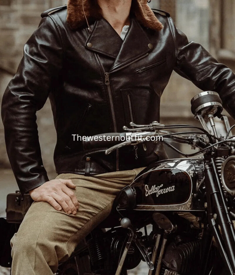 Men’s Black Biker Leather Jacket – with Fur Collar - Image 4