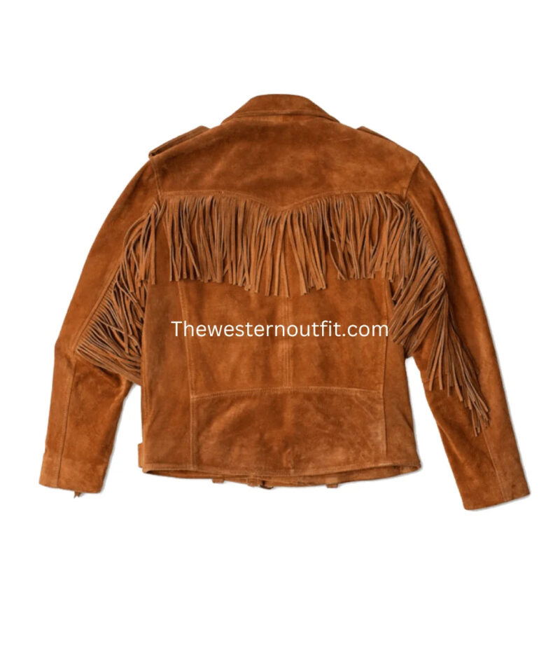 Mens Brown Fringes Suede Leather Cowboy Jacket - Image 4