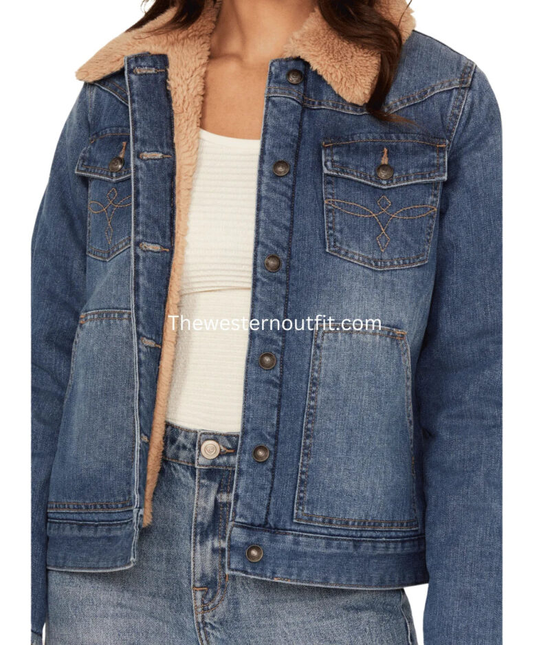 Women's Dark Wash Sherpa Lined Blue Denim Jacket - Image 3