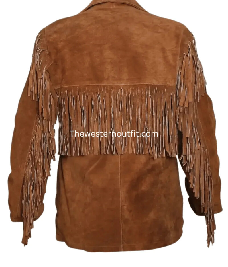 Stylish Tawny Suede Leather Jacket With Fringe - Image 3