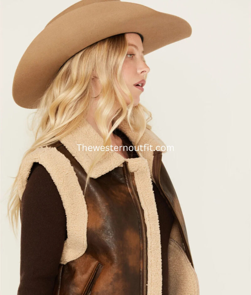Women’s Faux Leather Aviator Sherpa Vest - Image 2
