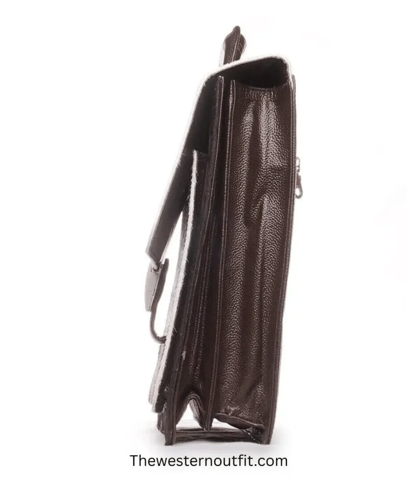 Cowhide Hair On Handcrafted Brown And White Leather Briefcase Bag - Image 5