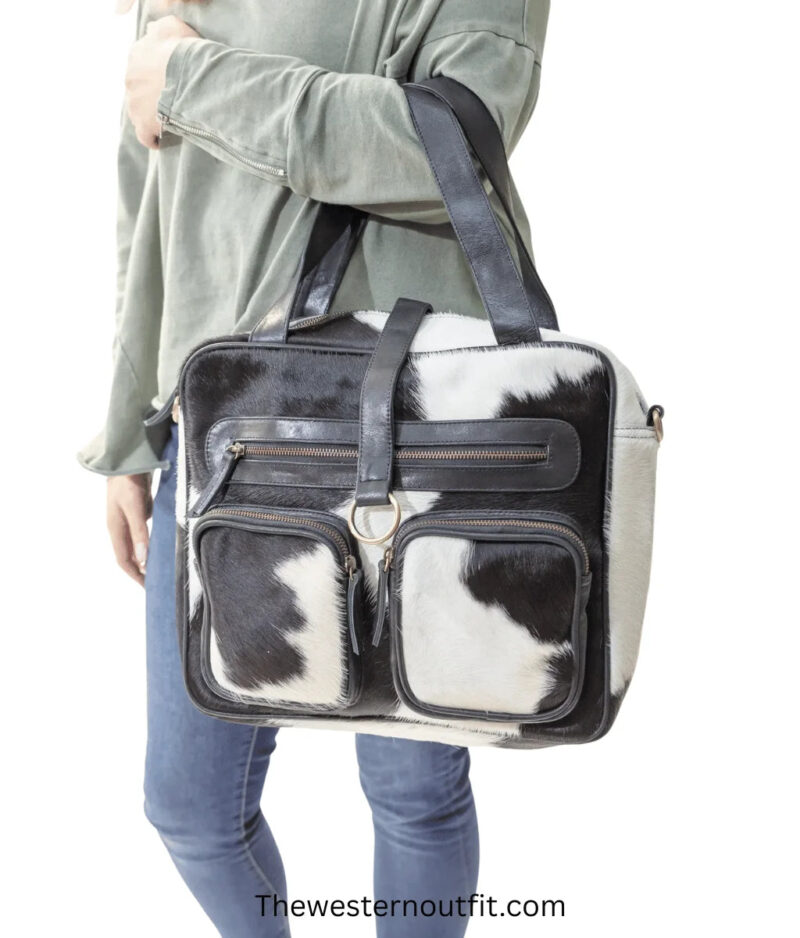 Cowhide Black And White Leather Messenger Bag - Image 4