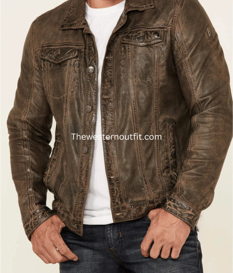 Distressed Look Men’s Geoff Zip-Front Leather Trucker Jacket - Image 3