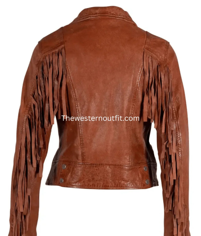 Women’s Fringe Leather Jacket Burnt Orange - Image 5