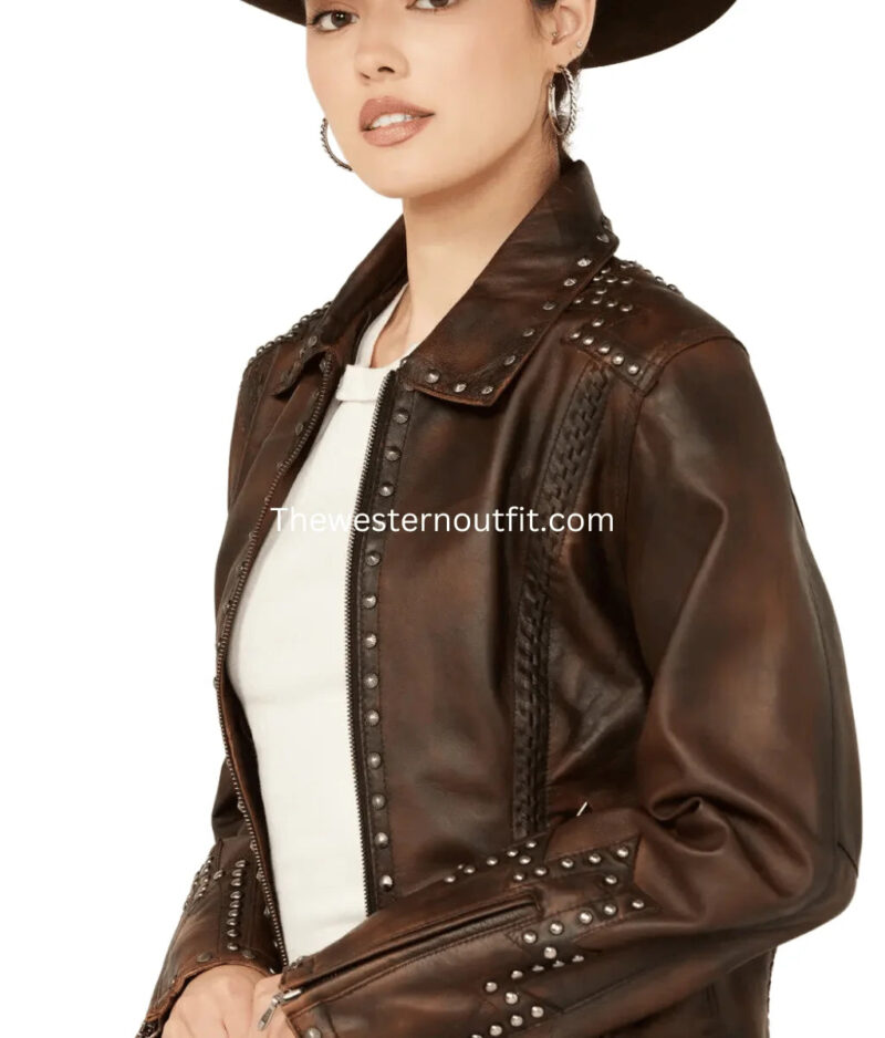 Women’s Concho Back Dark Brown Leather Jacket Cripple Creek - Image 3