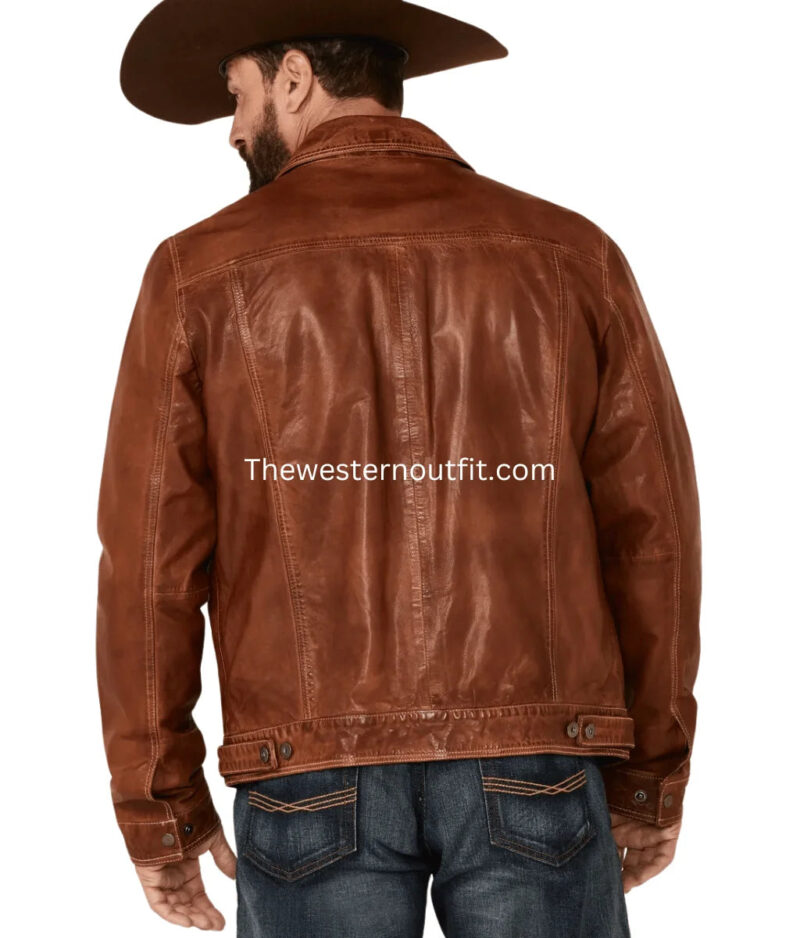 Men's Recon Tan Leather Trucker Jacket - Image 4