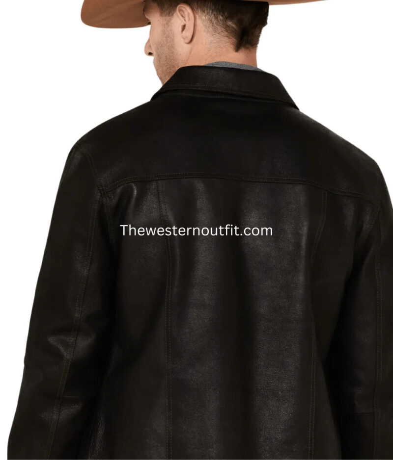 Men's Solid Black Trucker Leather Jacket - Image 4