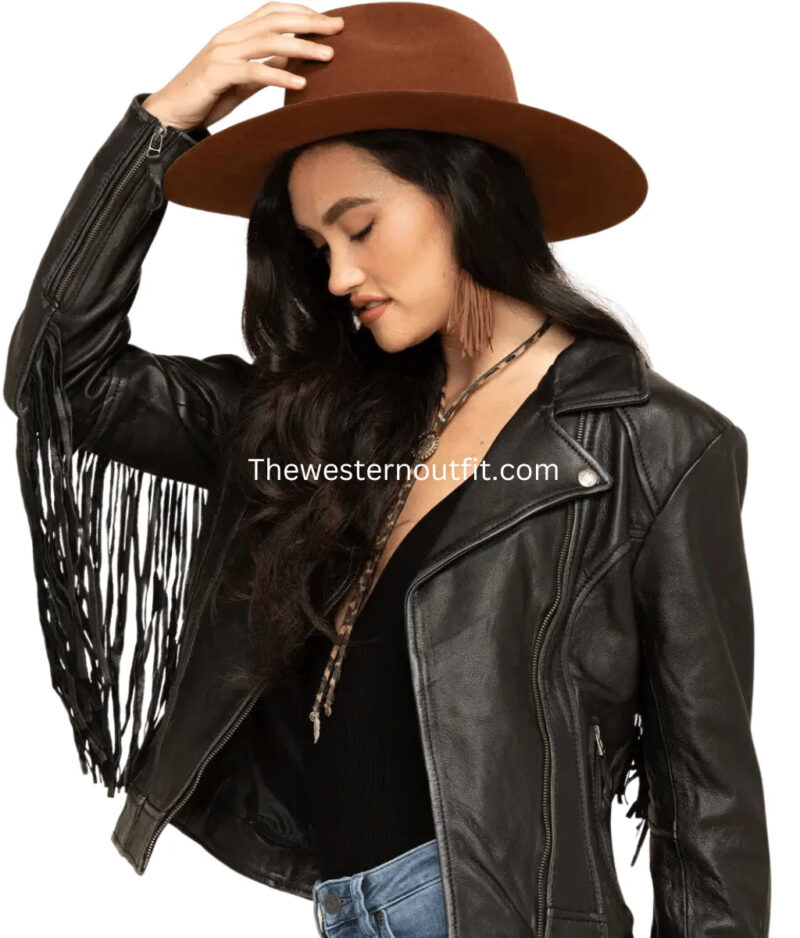 Women Alison Black Fringe Leather Jacket - Image 4