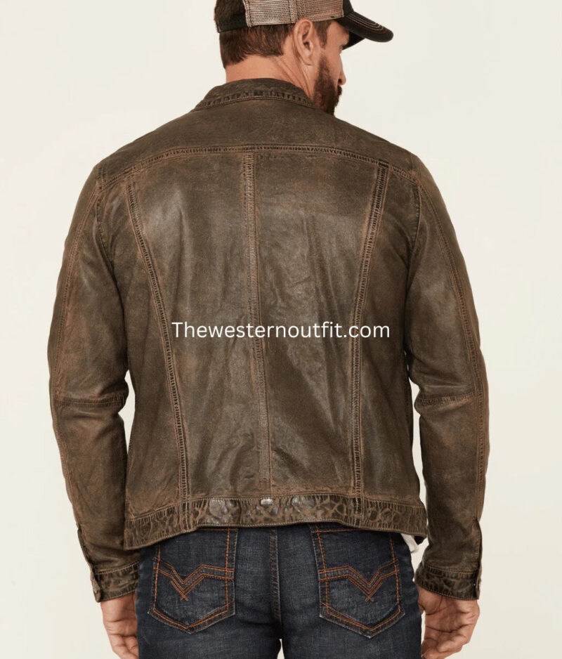 Distressed Look Men’s Geoff Zip-Front Leather Trucker Jacket - Image 4