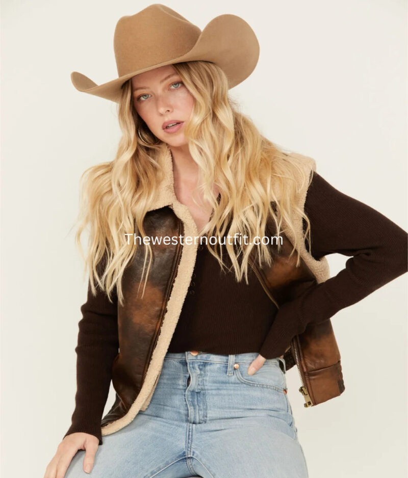 Women’s Faux Leather Aviator Sherpa Vest - Image 4