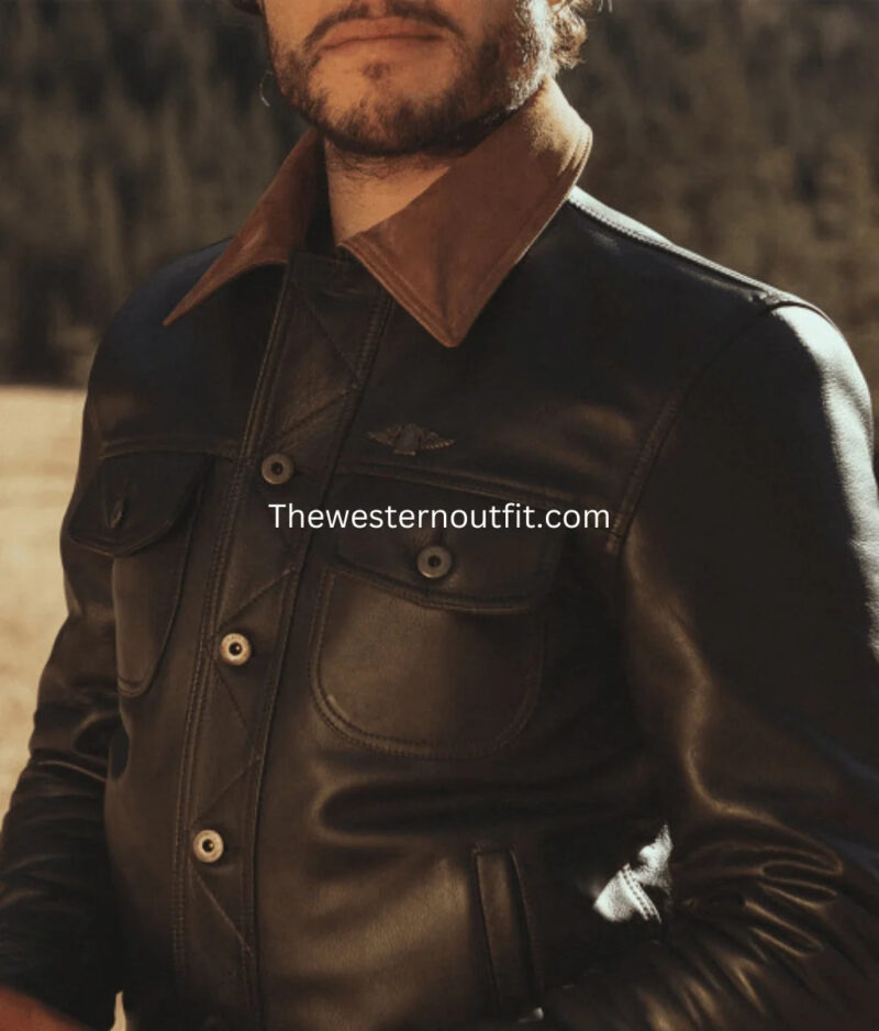 Gold Bison Black Leather Trucker Jacket for Men - Image 2