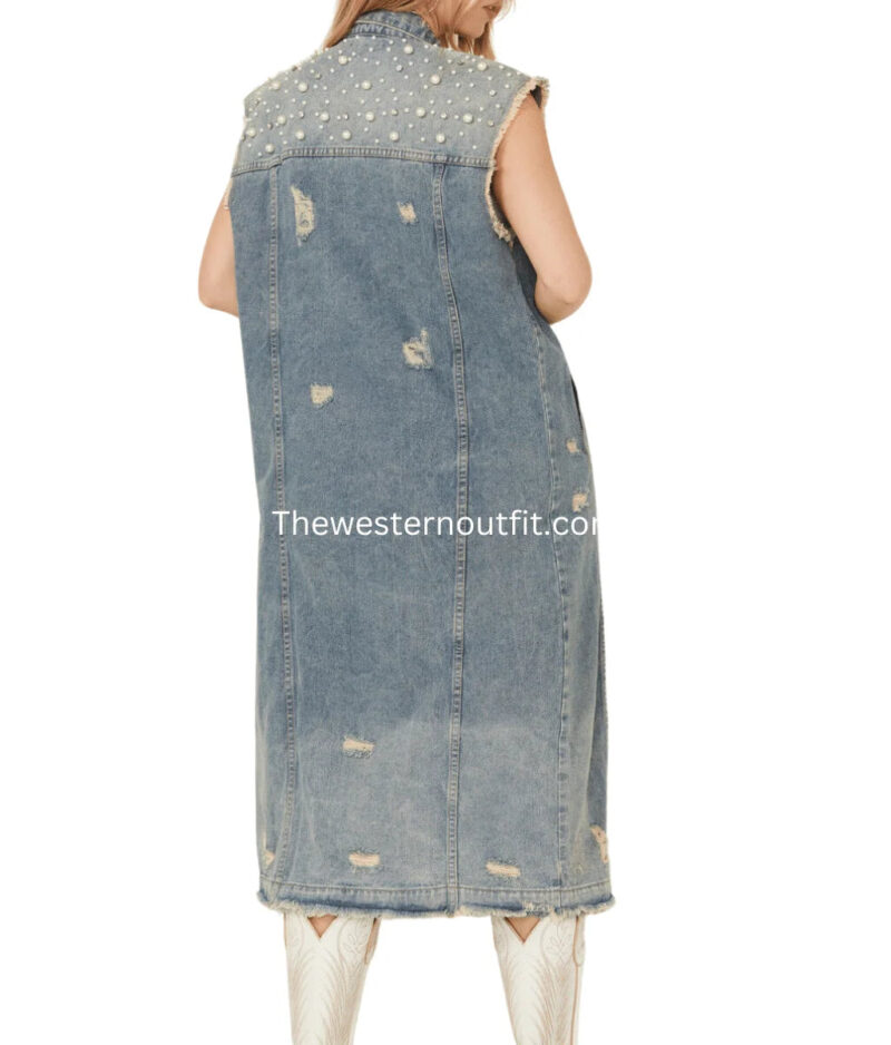 Veveret Women's Pearl Long Denim Vest - Image 4
