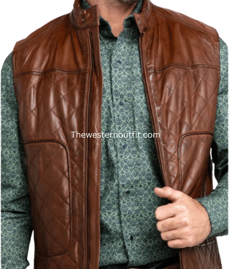 Quilted Dark Brown Leather Vest For Men’s - Image 4