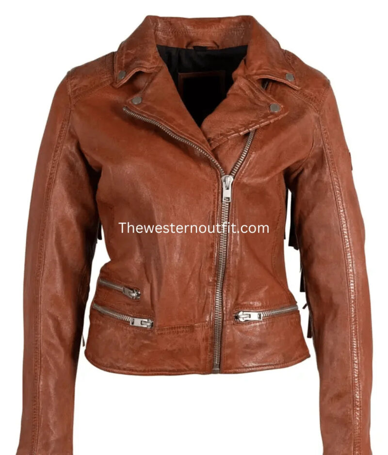 Women’s Fringe Leather Jacket Burnt Orange - Image 4